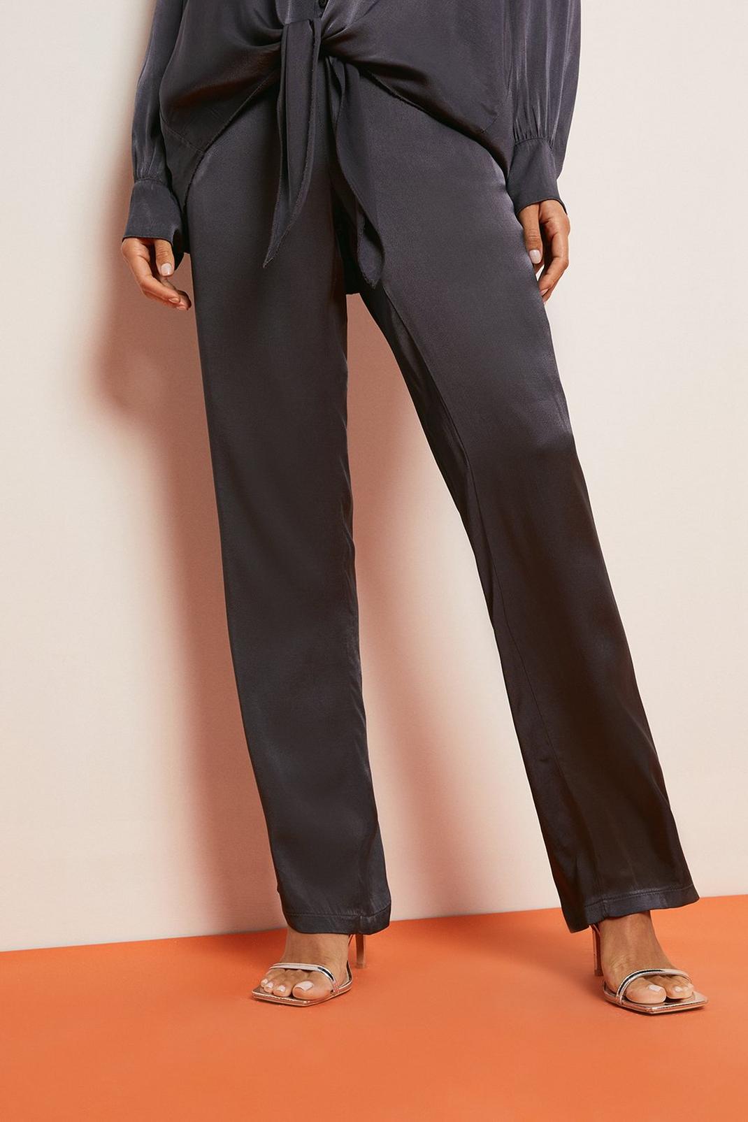 115 Charcoal Satin Pull On Wide Leg Trouser image number 2