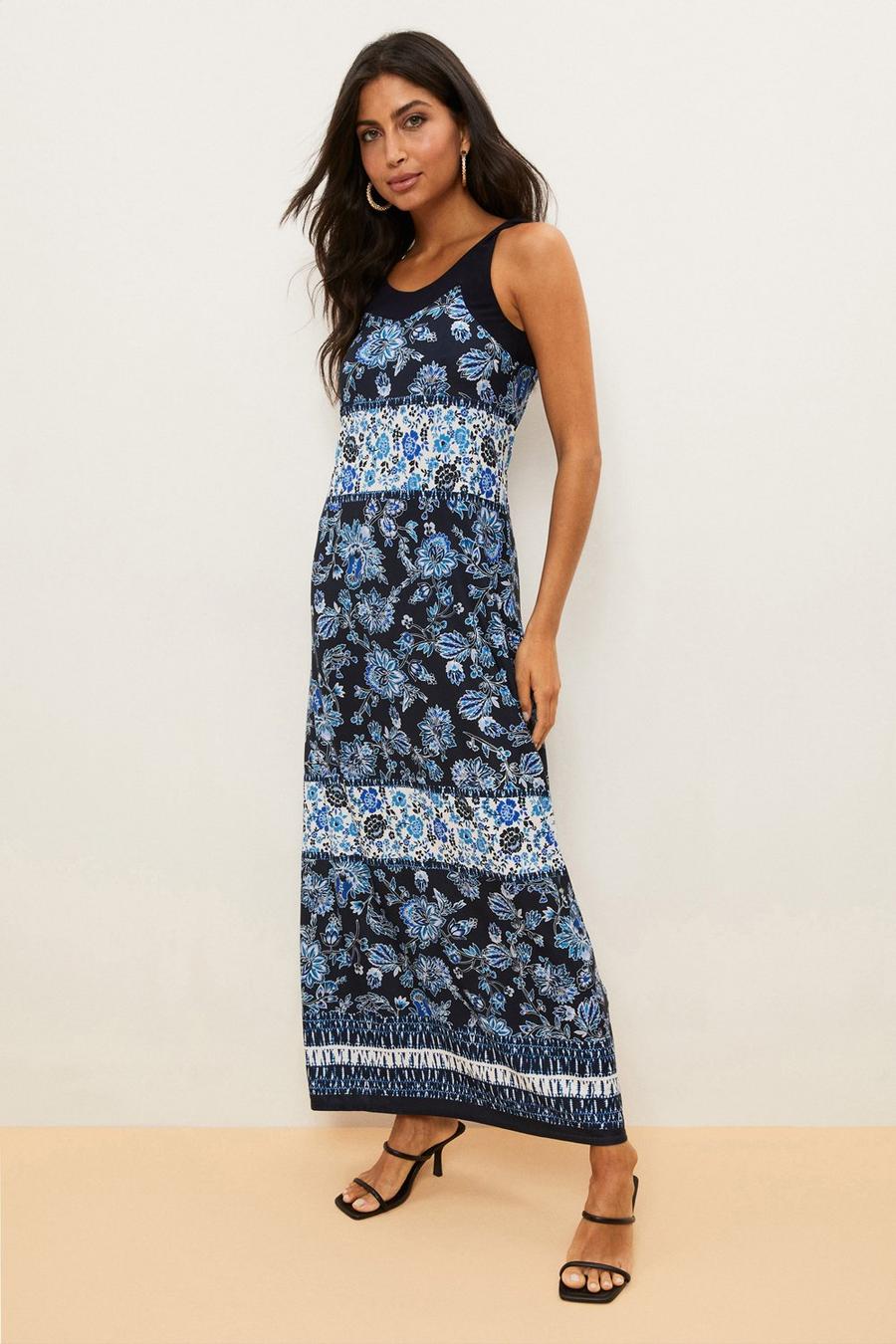 Blue Floral Patchwork Border Print Maxi Dress
