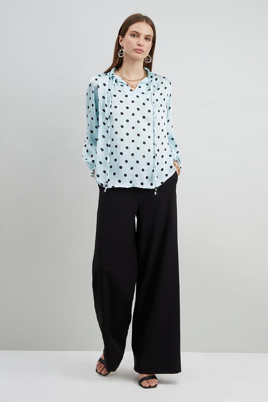Blue Spot Tie Frill Neck Top image number 1