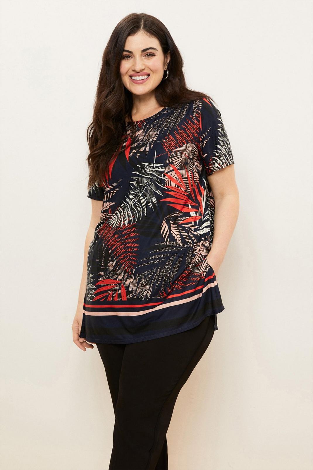 Curve Blue Palm Border Print Tunic Top image number 1