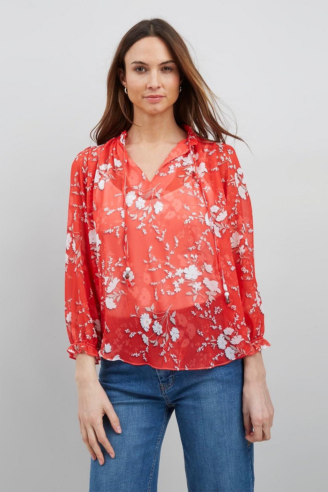 Red Floral Tie Frill Neck Top image number 1