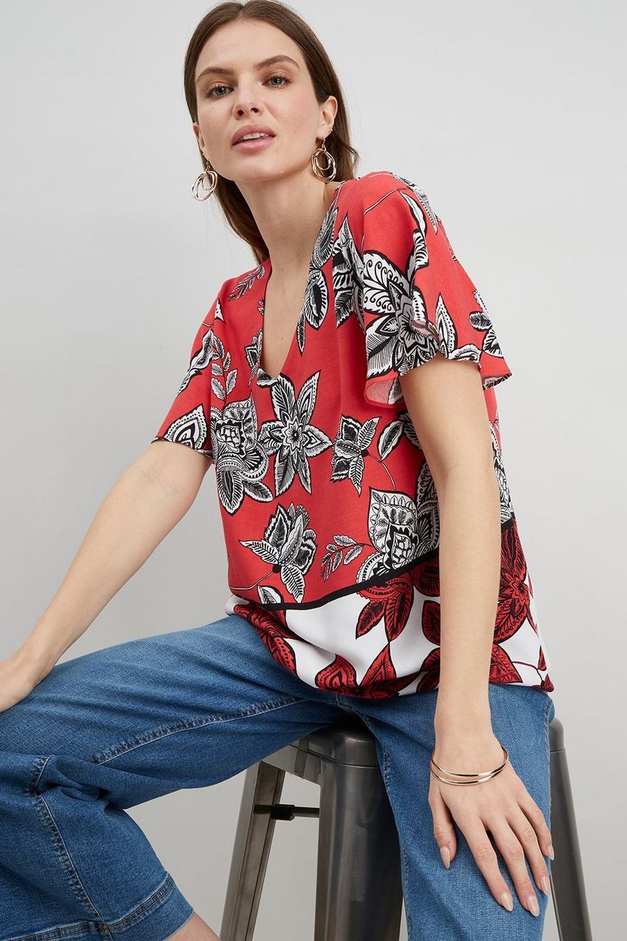 Red Floral Border Print Flute Sleeve Top