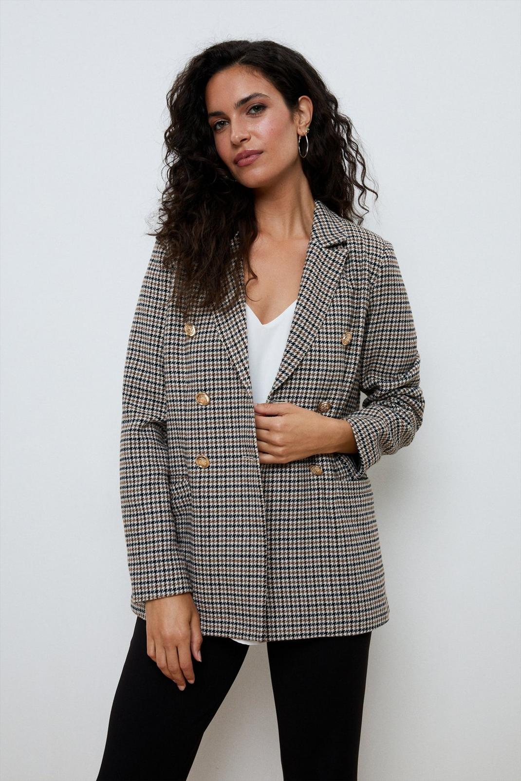 Stone Neutral Check Double Breasted Military Blazer image number 1