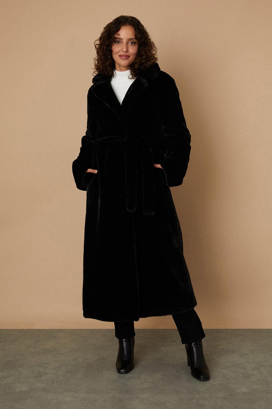 Tall Black Faux Fur Wrap Belted Midi Coat image number 1