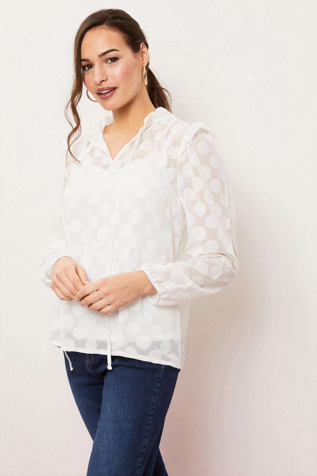 White Ivory Giant Spot Tie Neck Blouse image number 1
