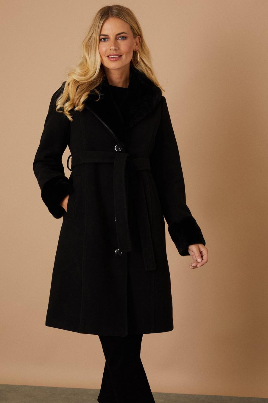 Petite Faux Fur Belted Single Breasted Coat