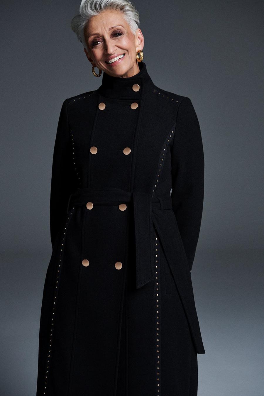 Black Stud Detail Double Breasted Coat
