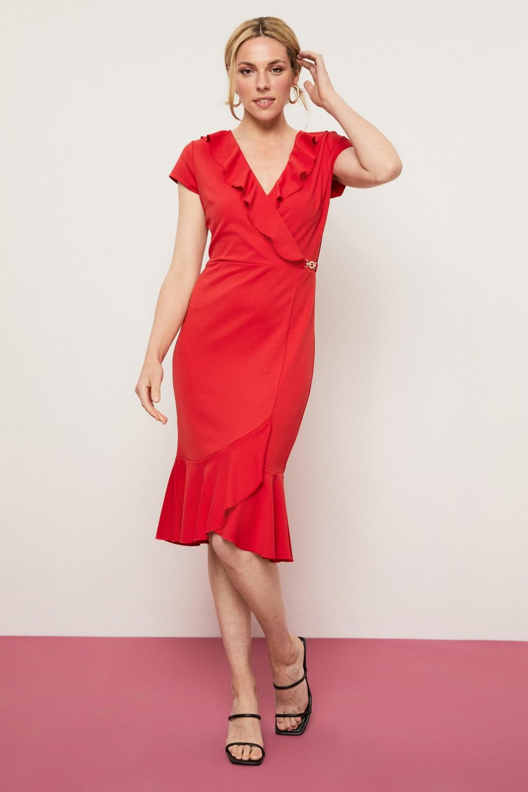 Red Tall Crepe Wrap Ruffle Dress image number 1