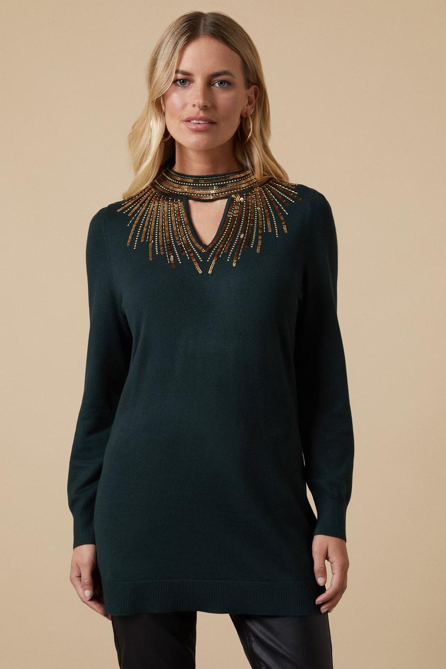 Petite Forest Green Sequin Key Hole Jumper