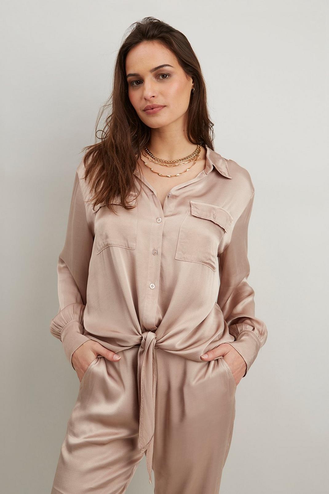 Neutral Satin Co-ord Tie Front Button Shirt image number 1