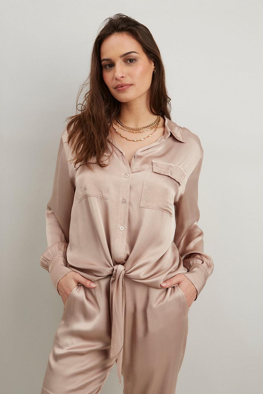 Neutral Satin Tie Front Shirt and Pull on Trouser Co-ord
