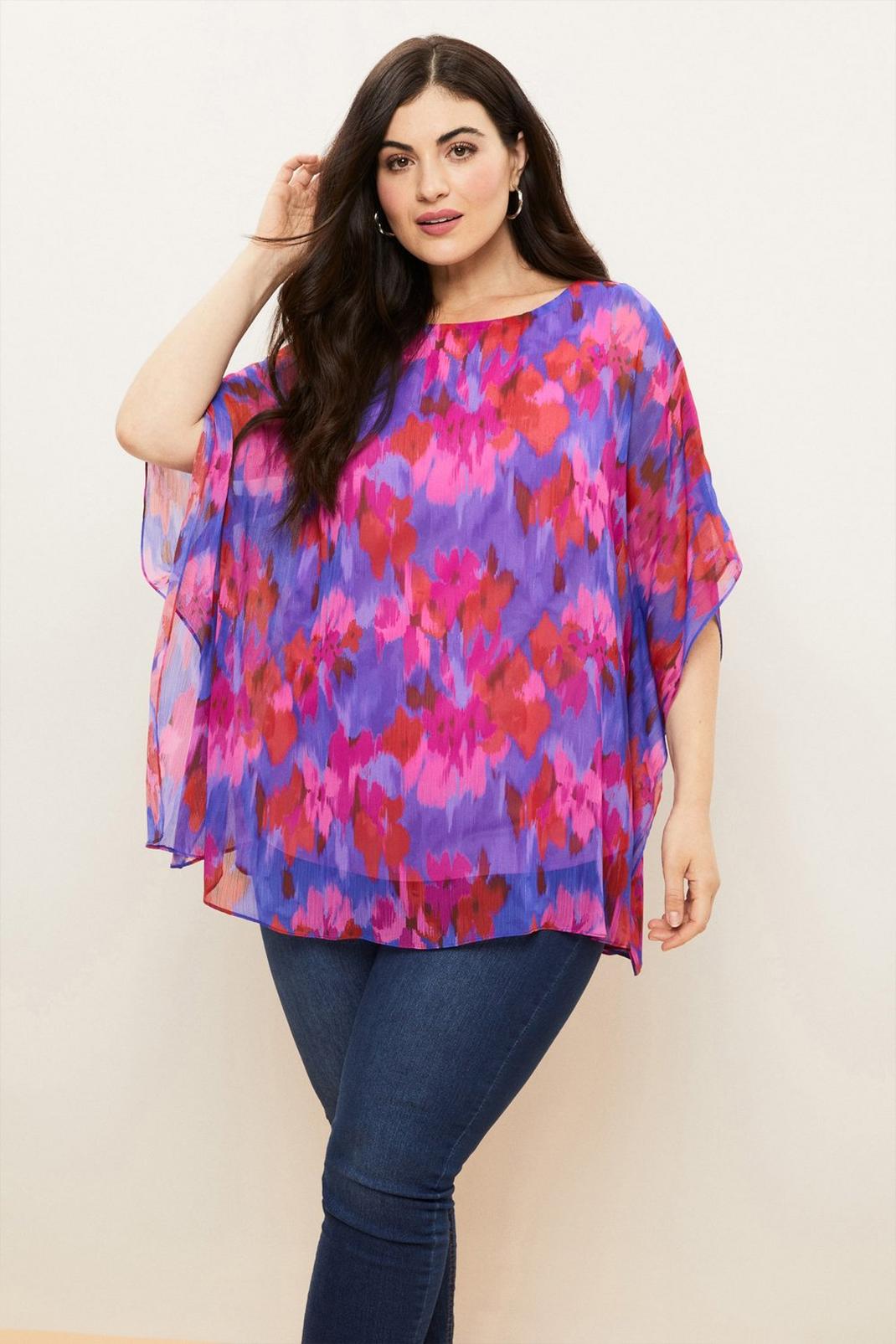 Pink Curve Blurred Floral Chiffon Overlay Blouse image number 1