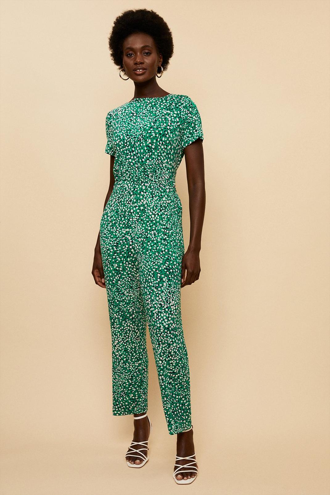 Green Abstract Spot Tie Waist Jumpsuit image number 1