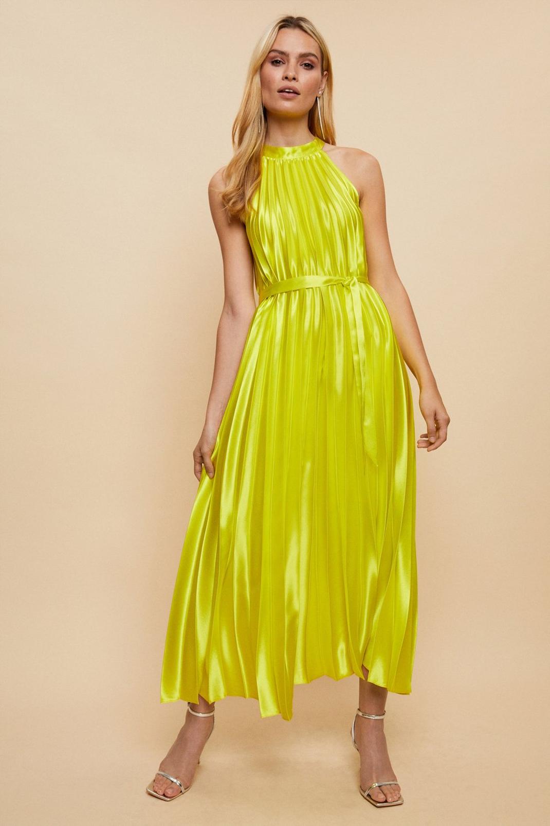 Chartreuse High Shine Satin Pleated Midi Dress image number 1