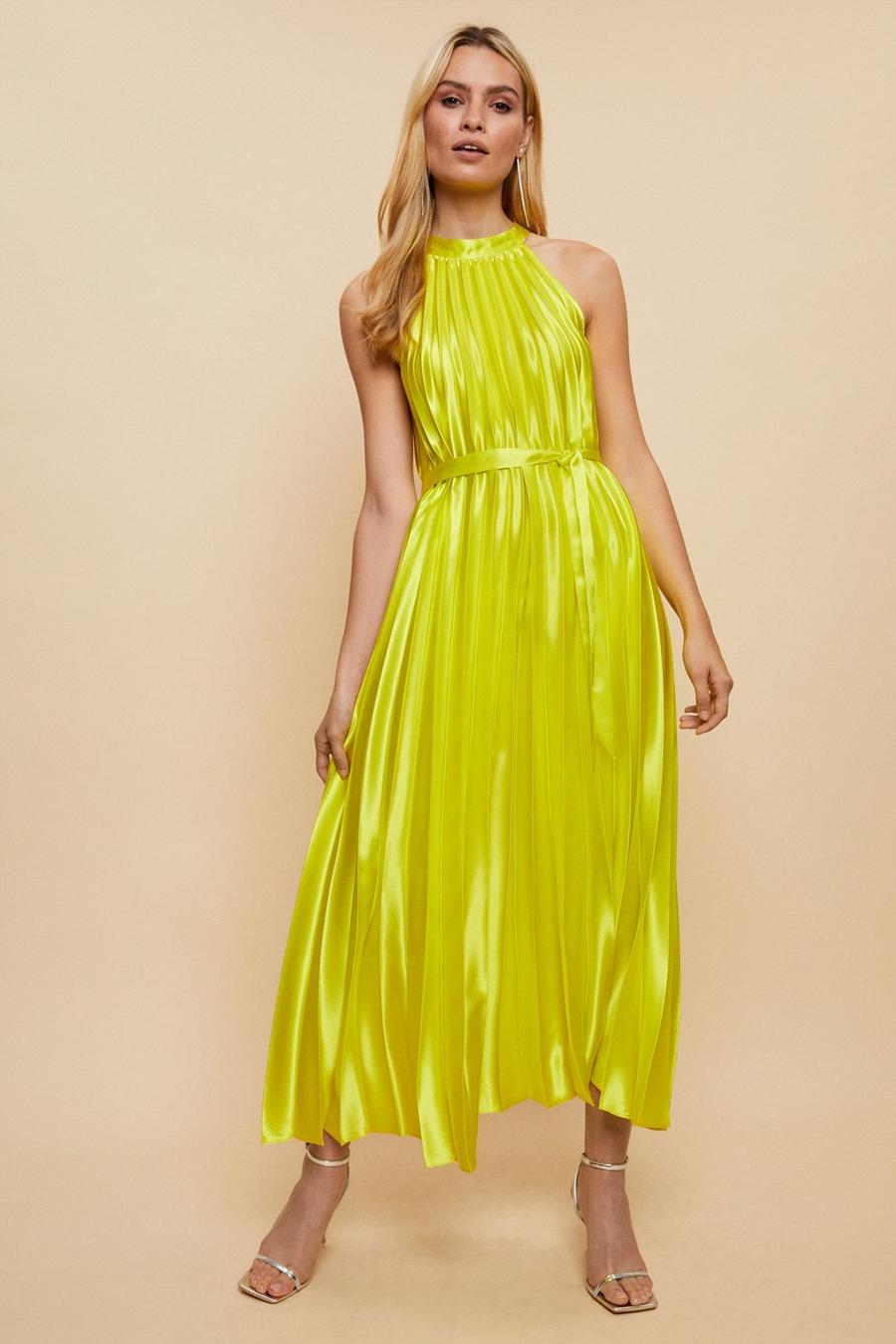 Chartreuse High Shine Satin Pleated Midi Dress