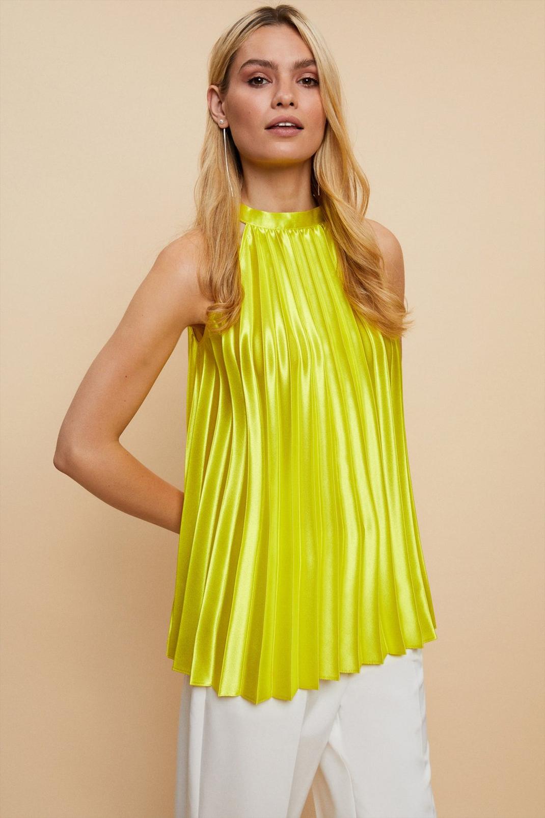 Chartreuse High Shine Satin Pleated Top image number 1