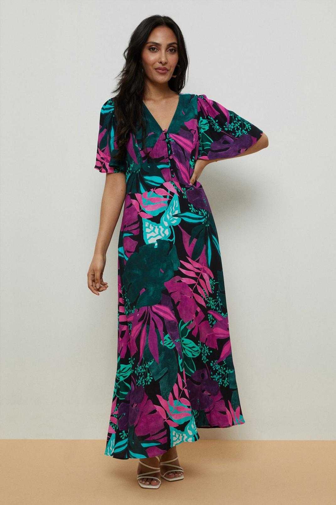 Petite Purple Palm Midi Tea Dress image number 1