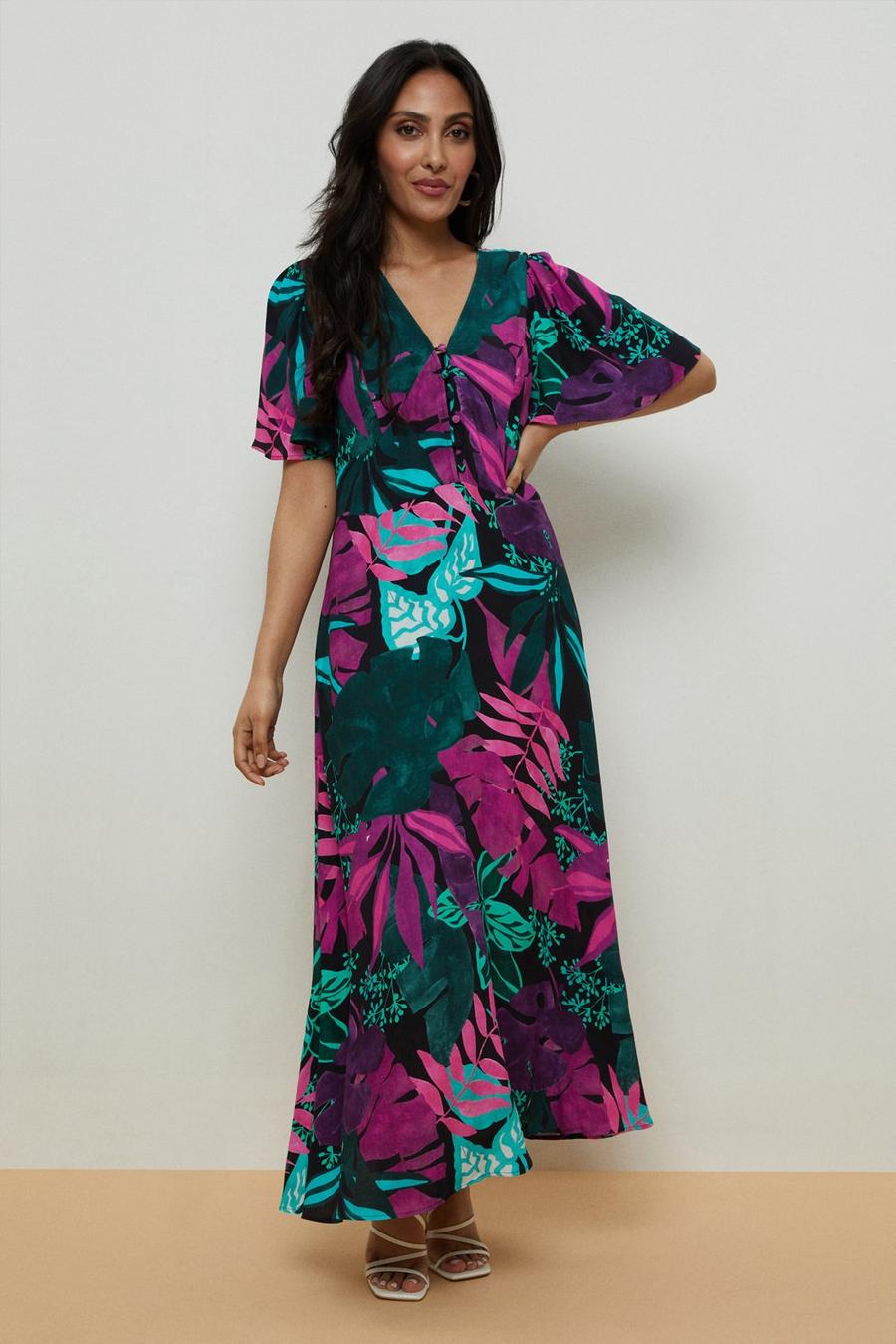 Petite Purple Palm Midi Tea Dress
