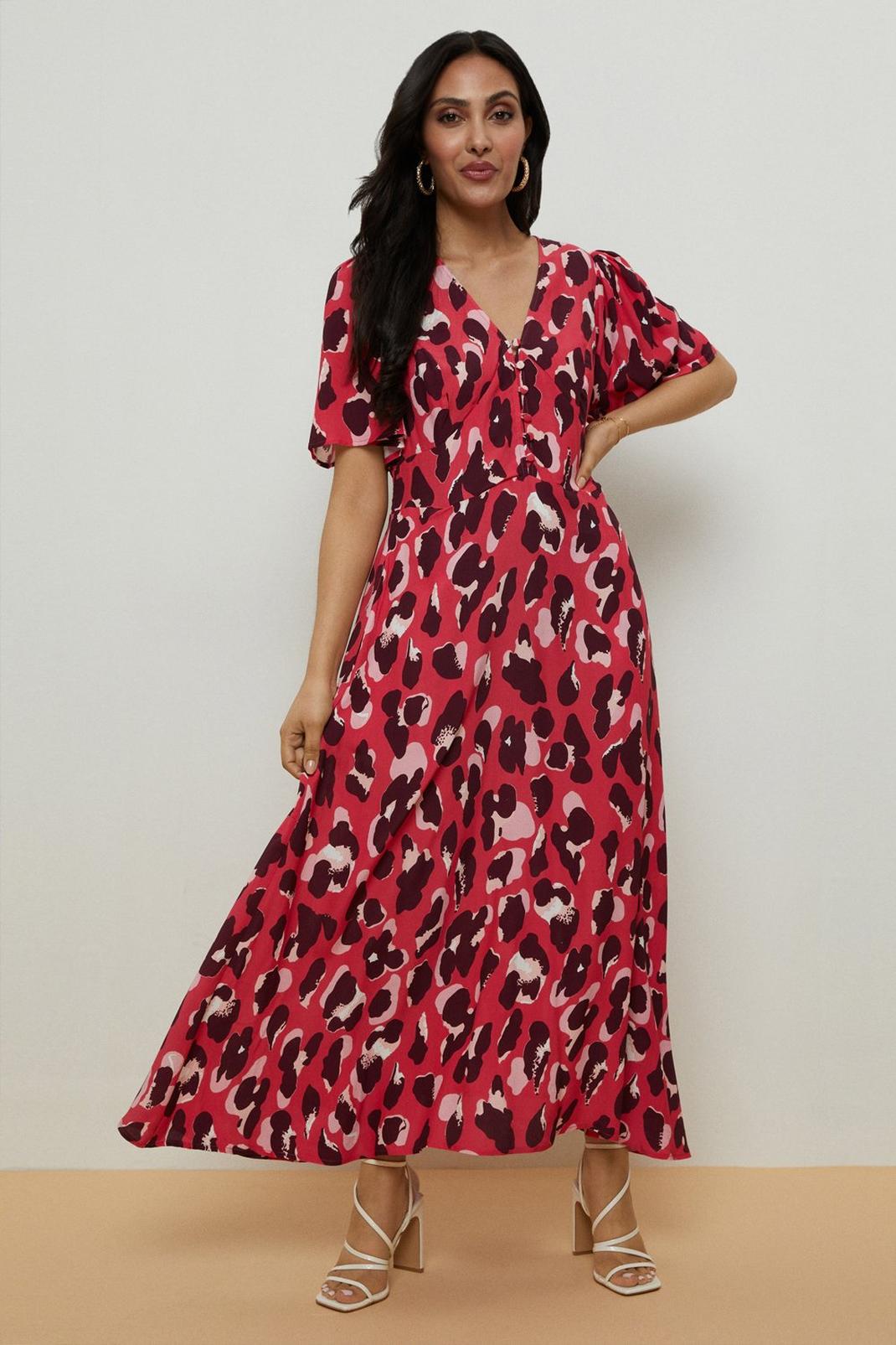 Petite Pink Leopard Midi Tea Dress image number 1