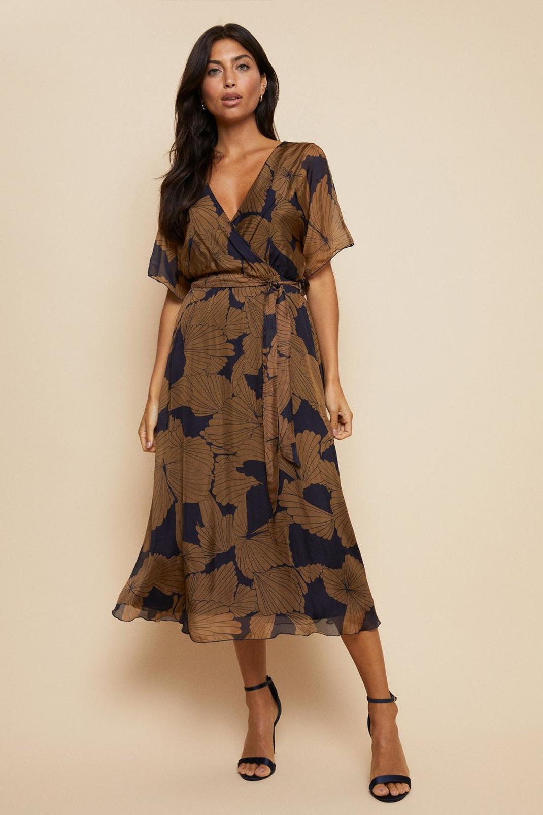 Navy Printed Wrap Silk Mix Midi Dress image number 1