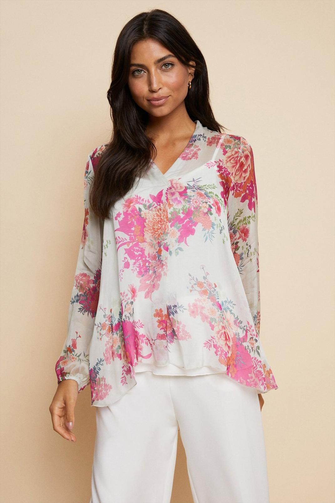 Ivory Silk Mix Floral Overlay Blouse image number 1
