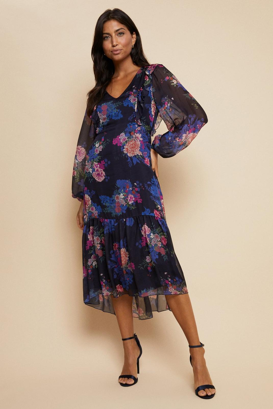 Navy Silk Mix Floral Ruffle Dress image number 1
