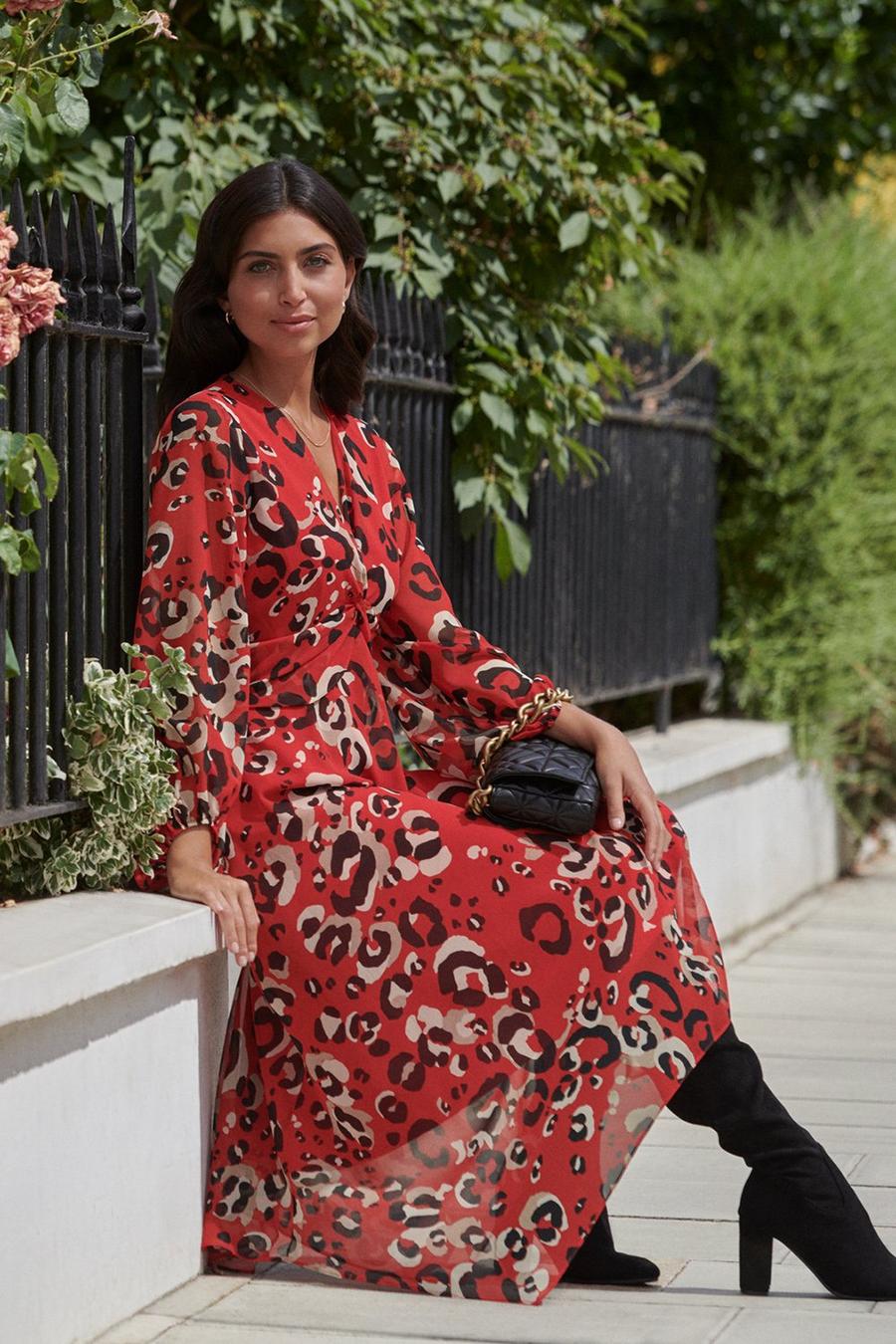 Red Leopard Twist Front Dress