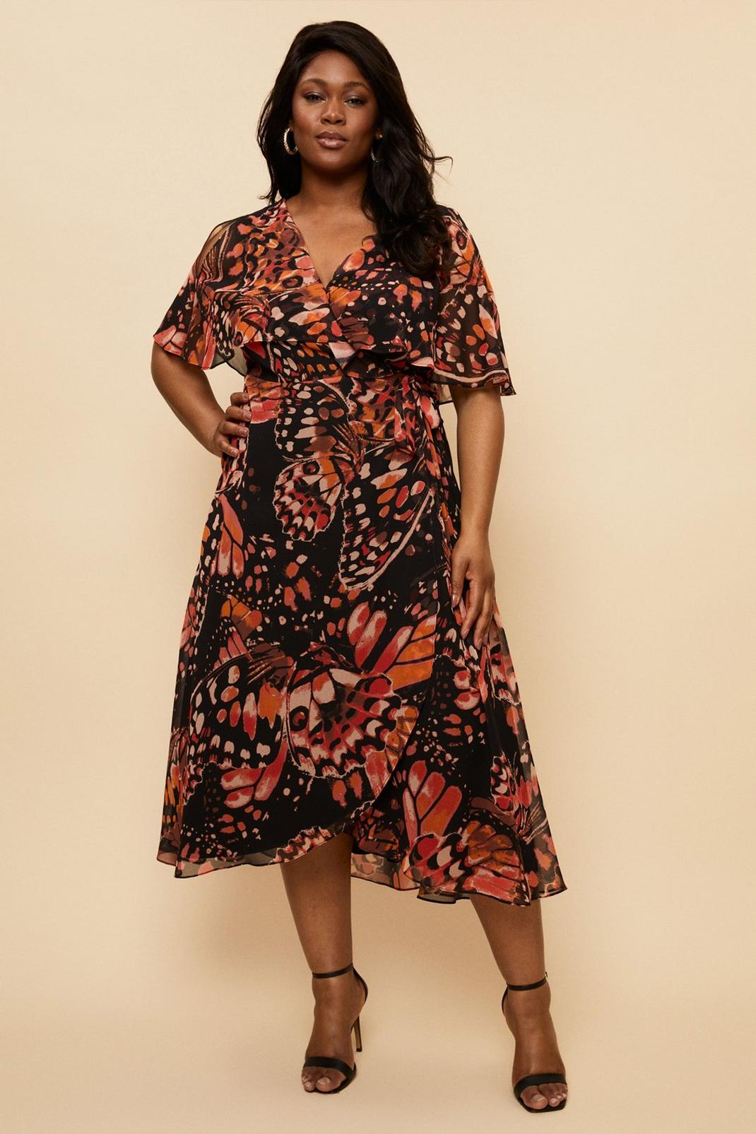 Curve Rust Butterfly Angel Sleeve Dress image number 1