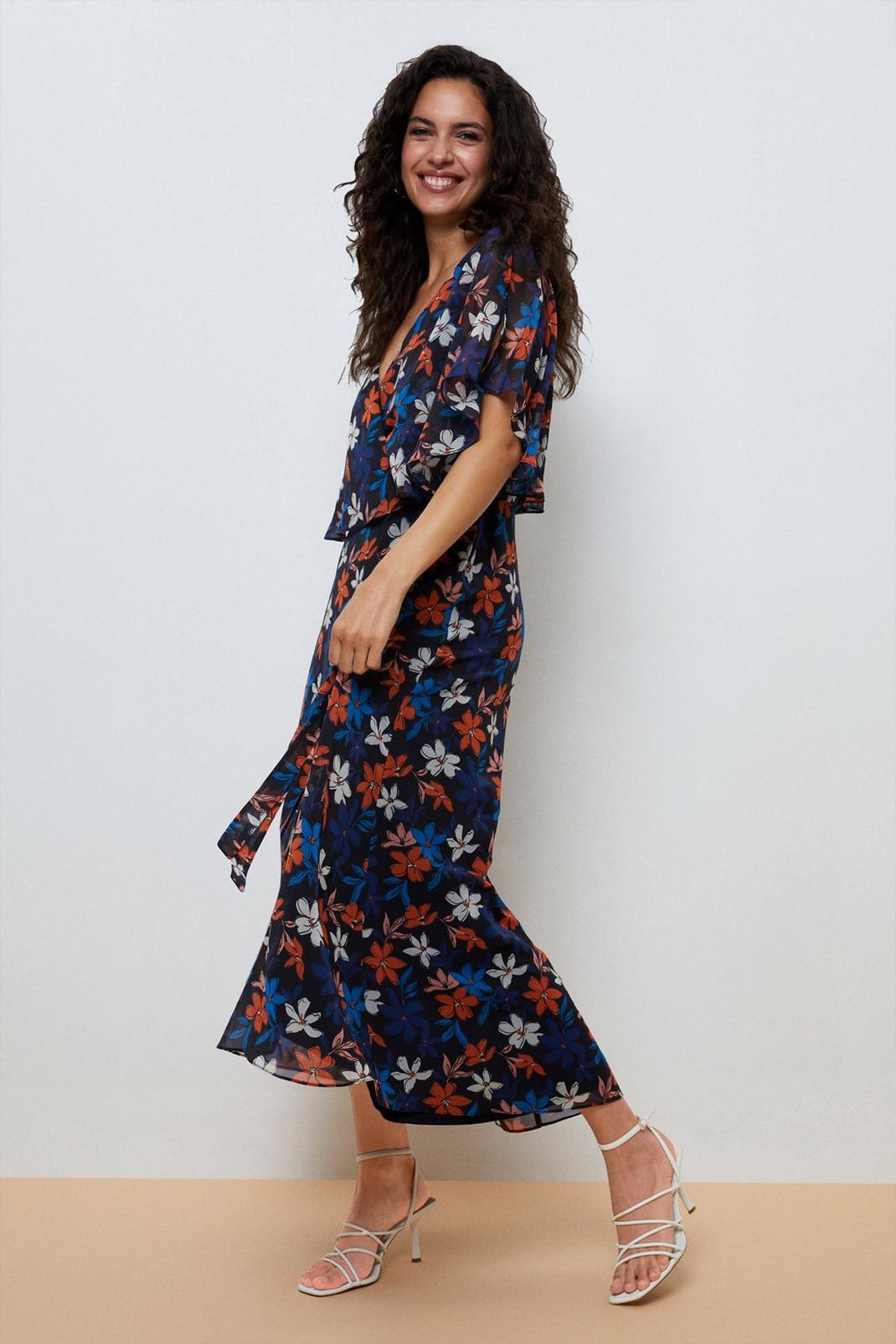 Tall Navy Floral Angel Sleeve Dress image number 1