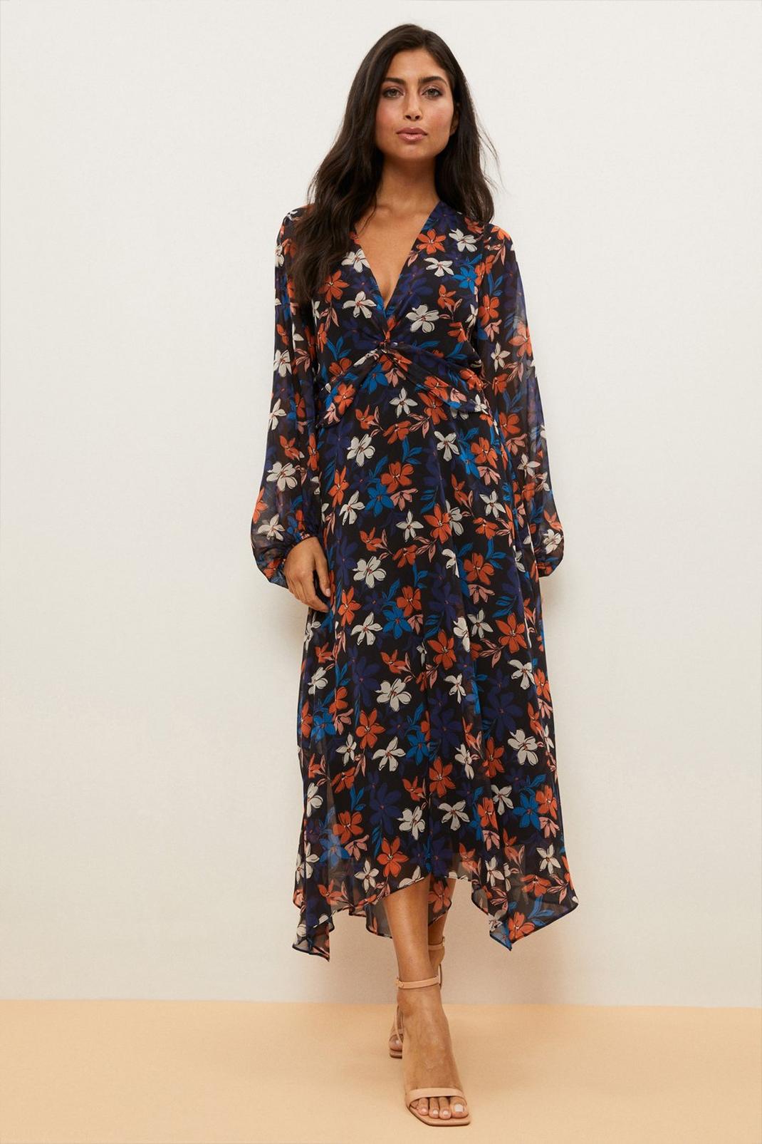 Tall Navy Floral Twist Front Dress image number 1