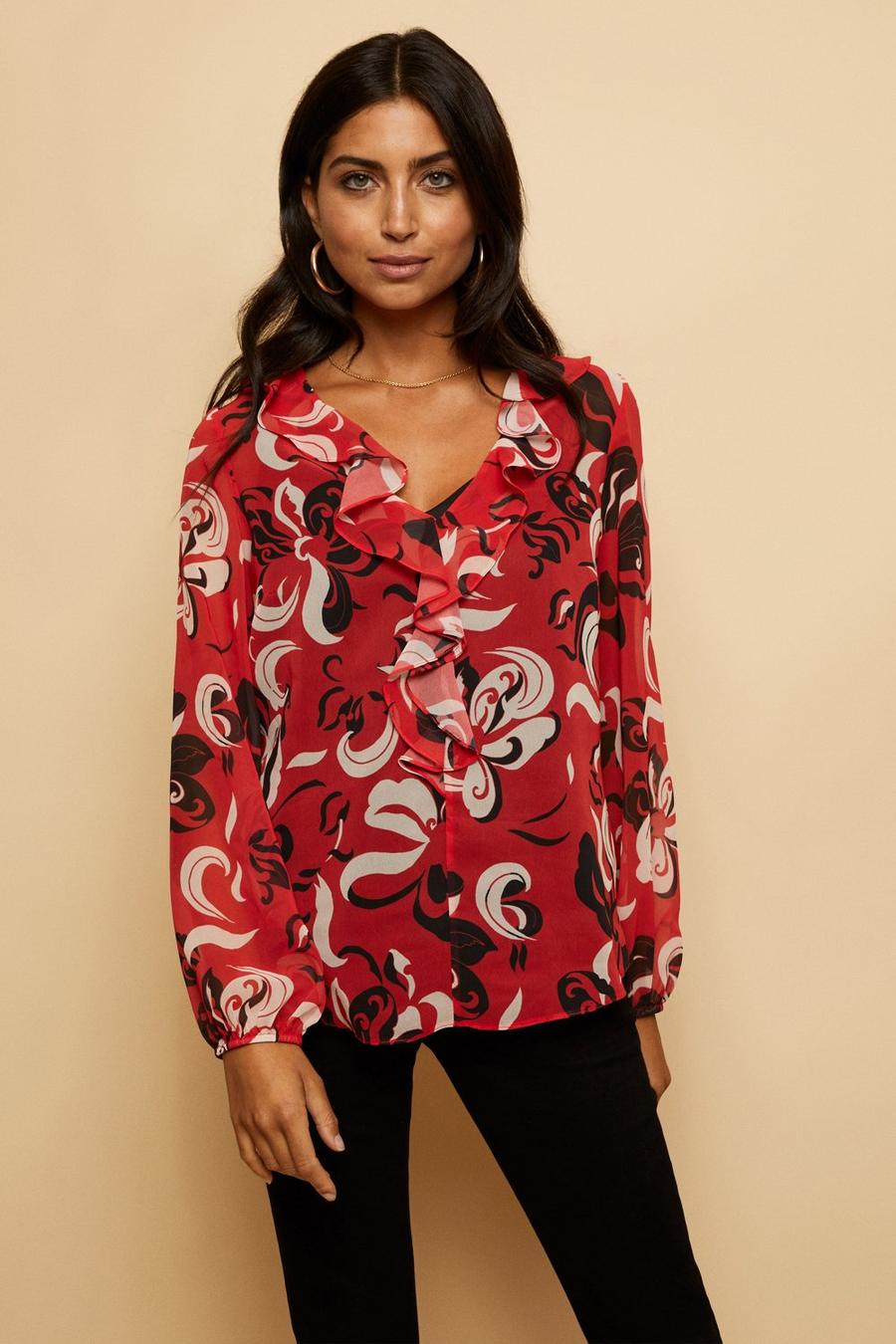 Red Graphic Ruffle Front Top