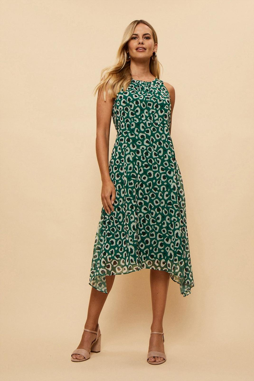 Petite Green Animal Fit And Flare Dress image number 1