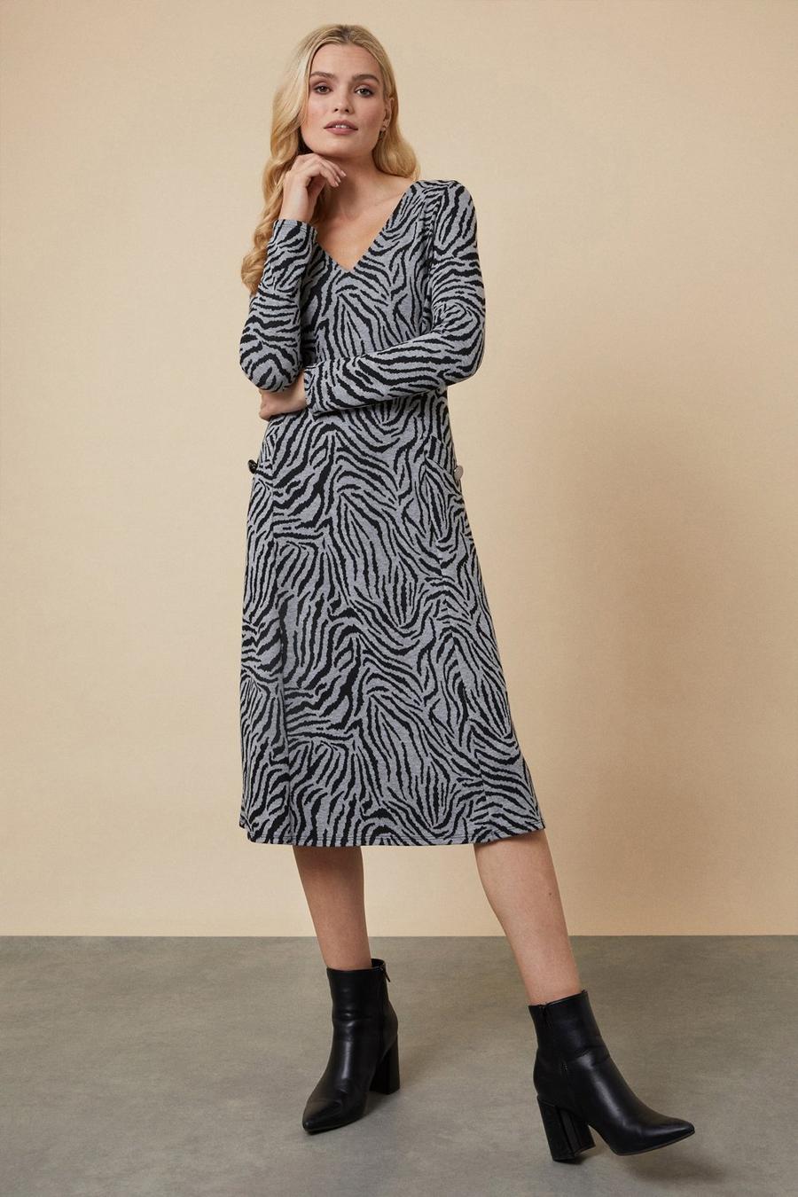 Grey Zebra Jersey Jacquard Midi Dress