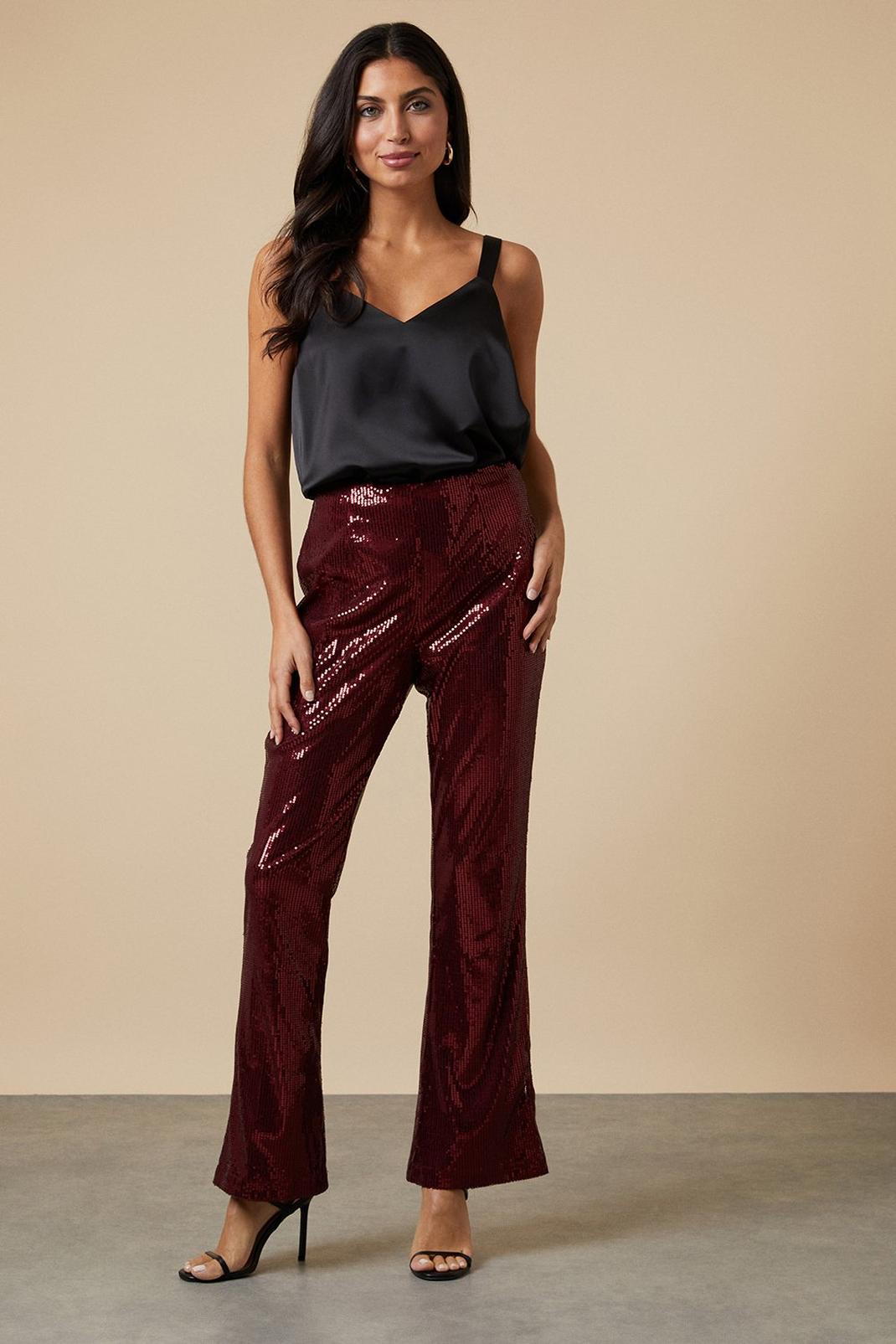 Red Sequin Bootcut Trousers image number 1