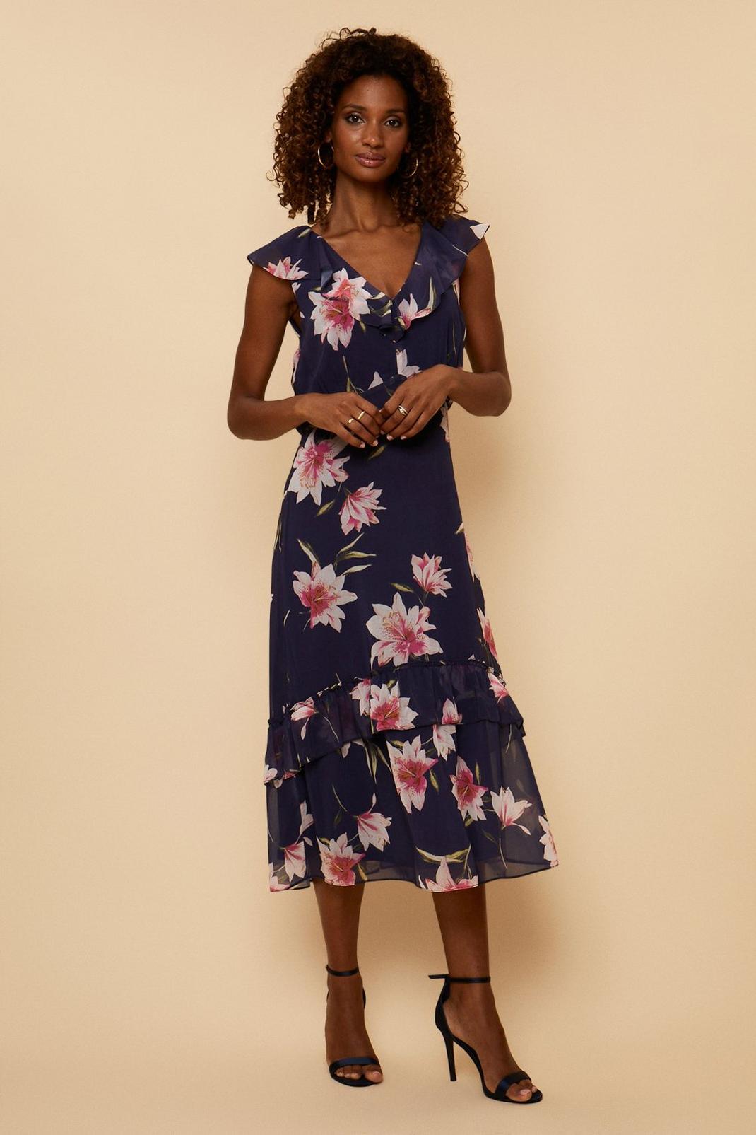 Tall Navy Floral Ruffle Midi Dress image number 1