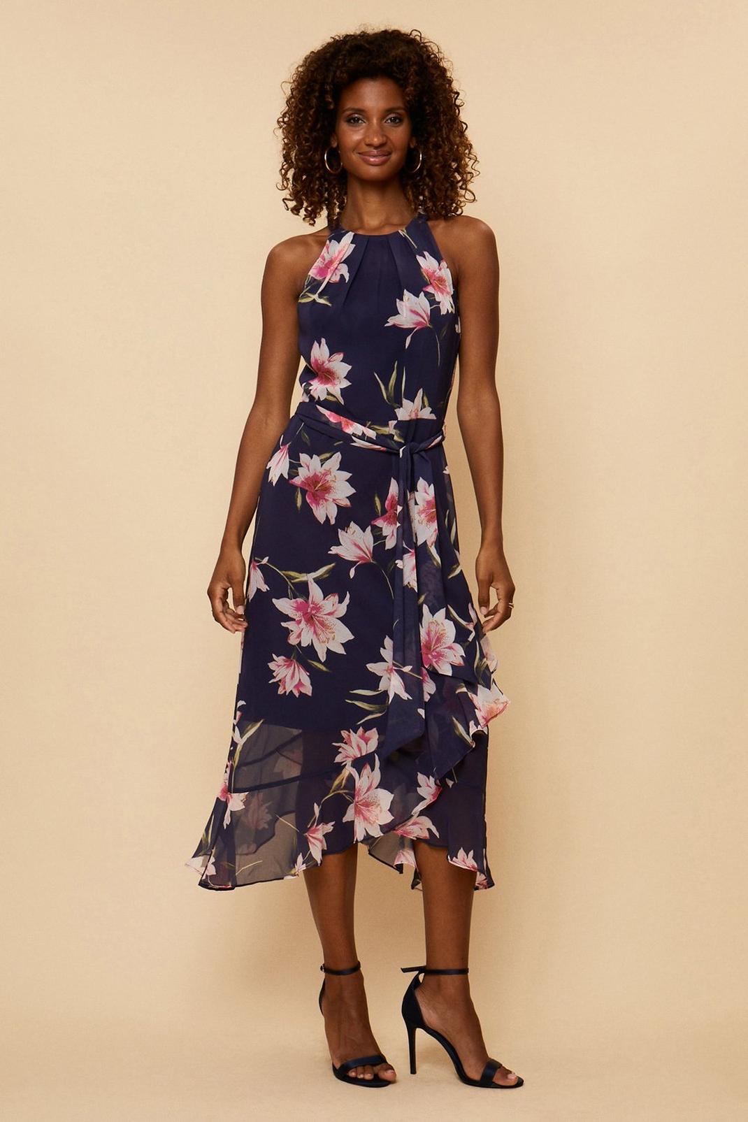 Tall Navy Floral Layered Fit & Flare Dress image number 1