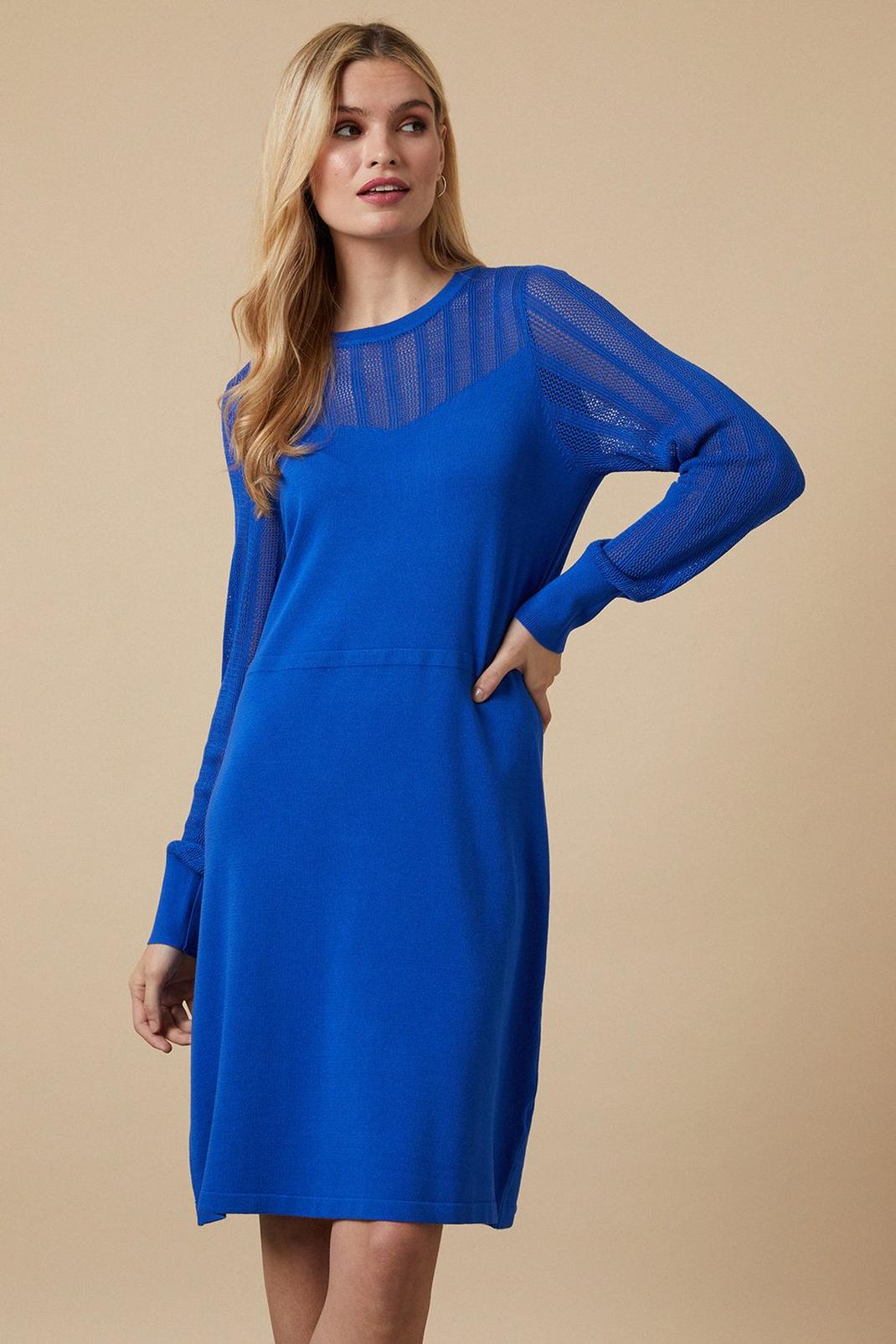 Blue Pointelle Crew Neck Swing Knitted Dress image number 1
