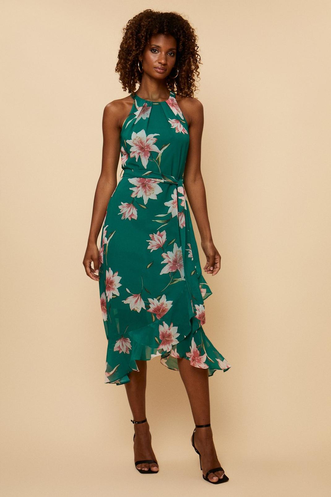 Green Floral Layered Fit & Flare Dress image number 1