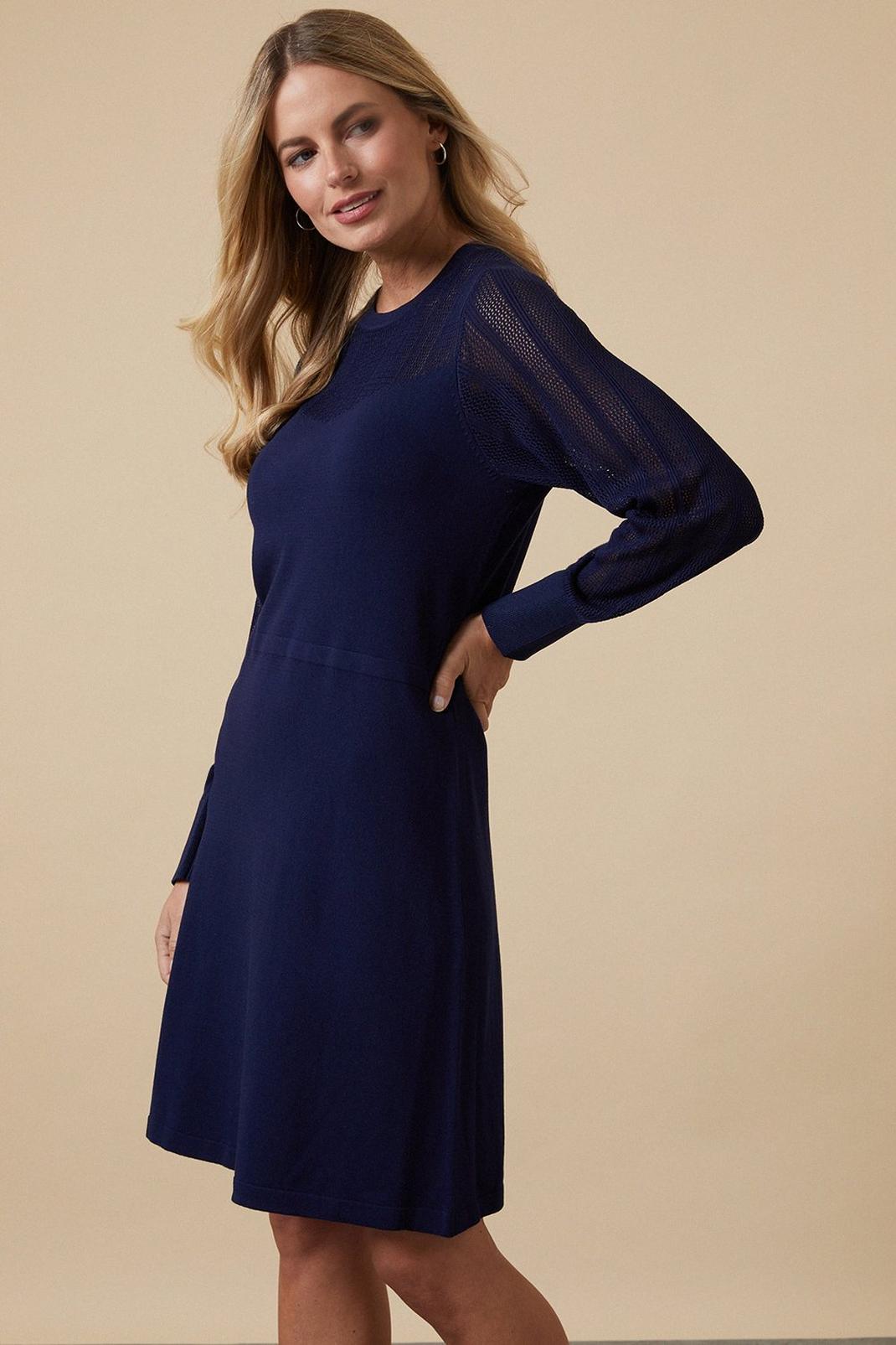 Navy Petite Pointelle Swing Knitted Dress image number 1