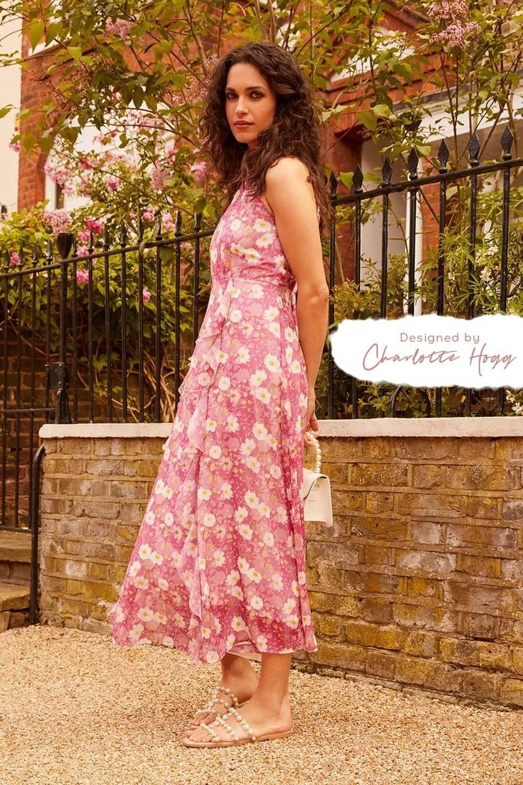 Pink Floral Ruffle Halter Maxi Dress image number 1