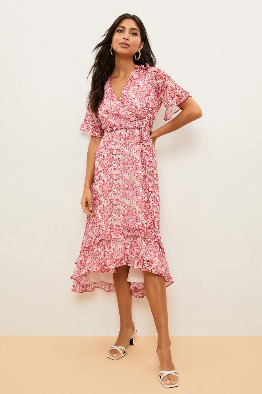 Petite Red Floral Dobby Wrap Frill Dress
