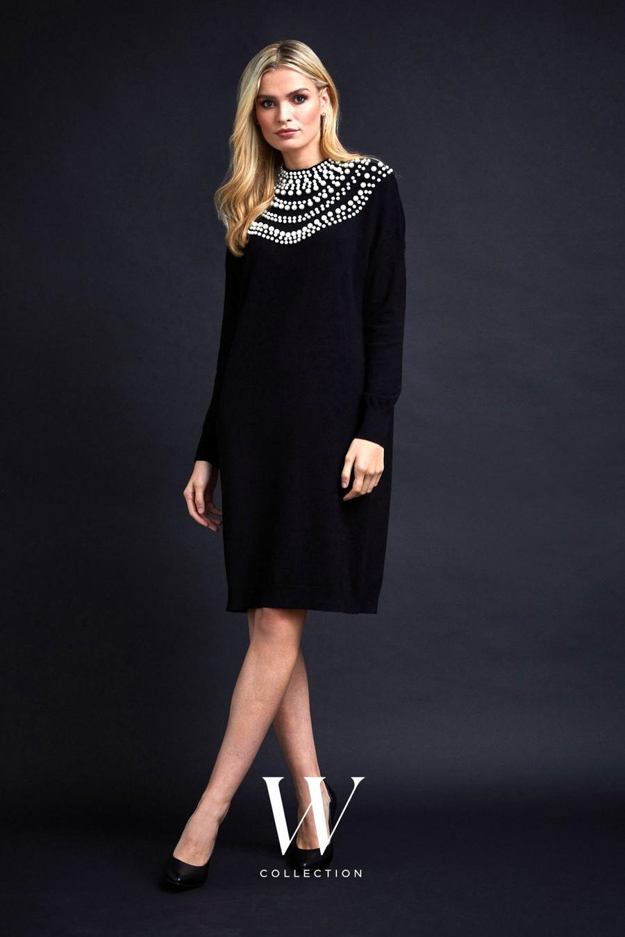 Pearl Necklace Black High Neck Knitted Dress