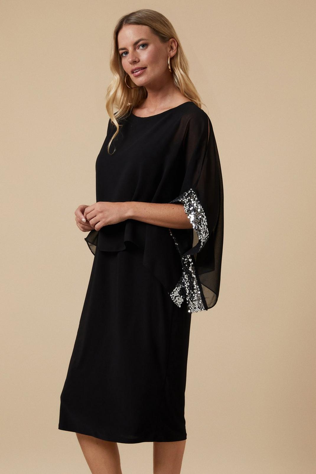 Black Petite Sequin Cold Shoulder Overlayer Dress image number 1