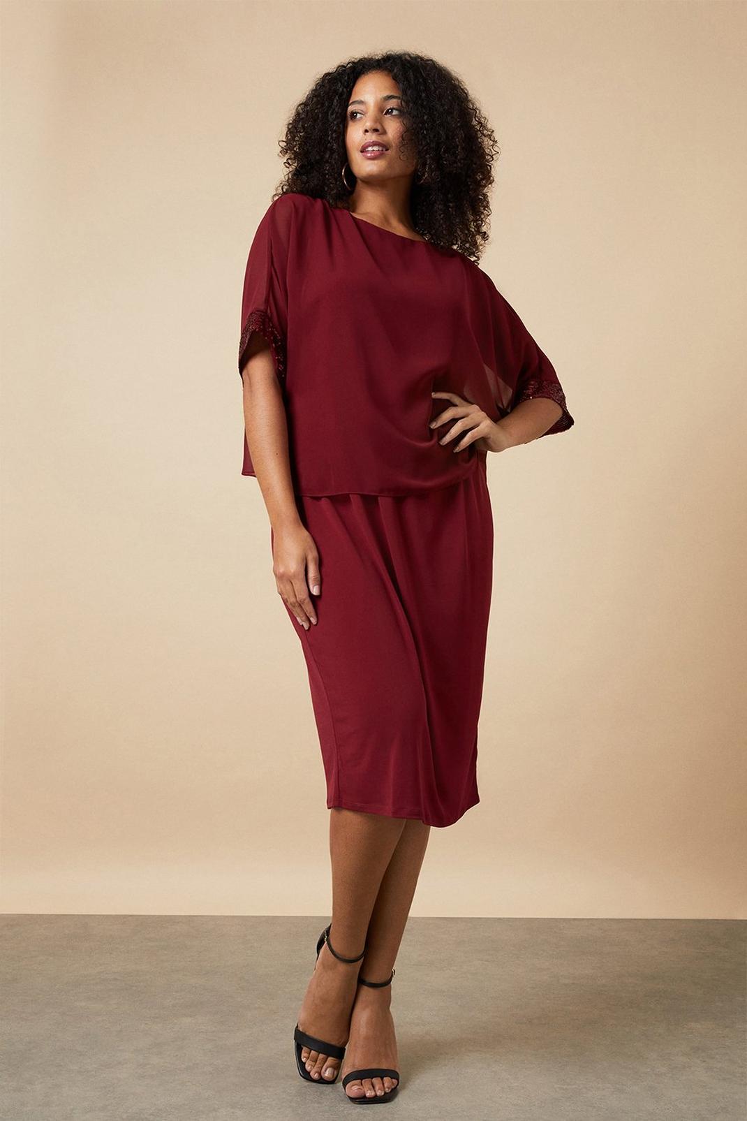 Berry Curve Sequin Trim Sleeve Overlayer Dress image number 1