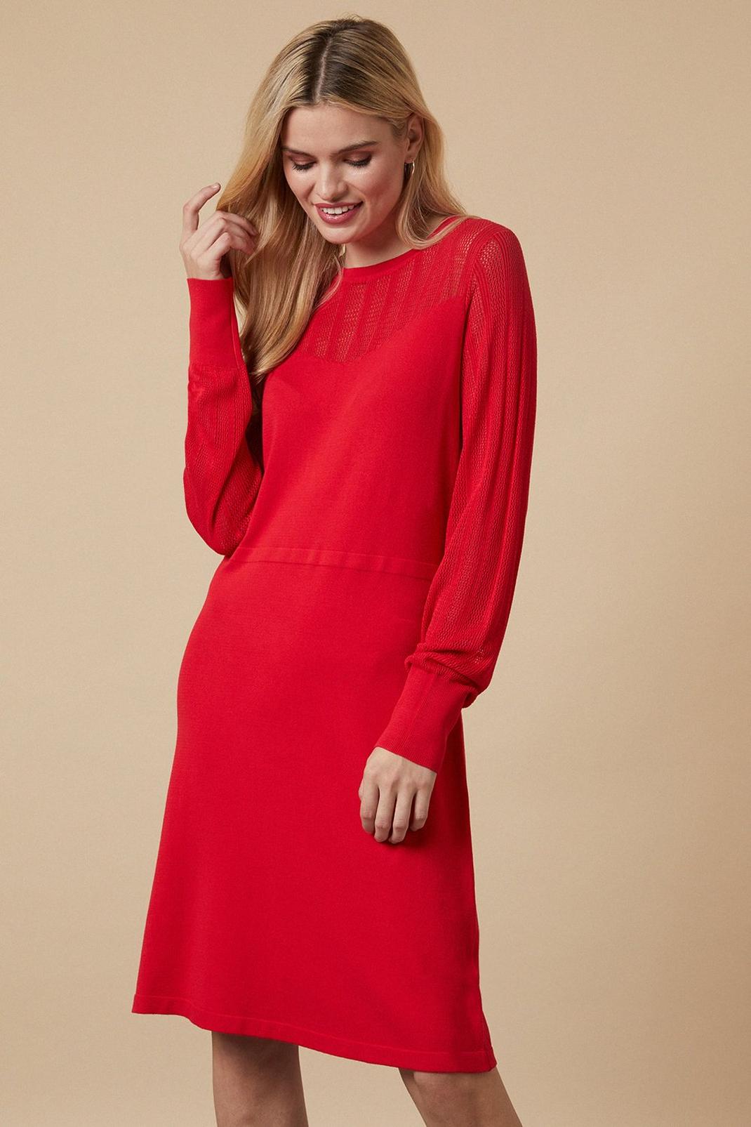 Red Pointelle Crew Neck Swing Knitted Dress image number 1