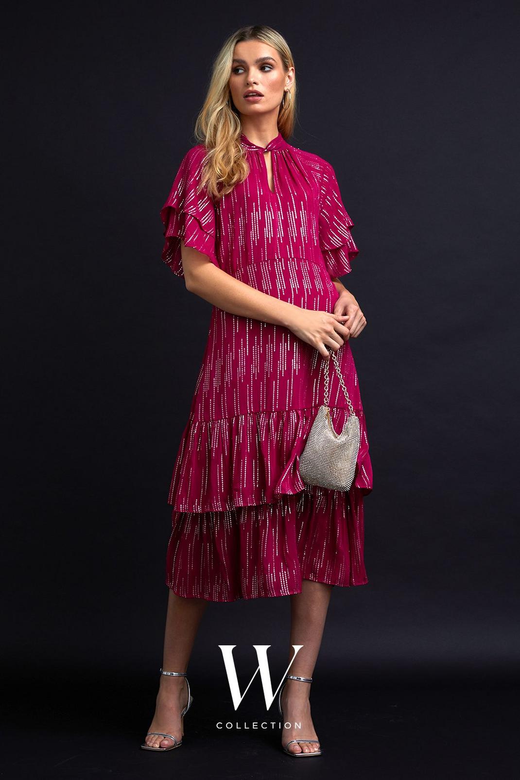 Raspberry Metallic Stripe Ruffle Hem Midi Dress image number 1