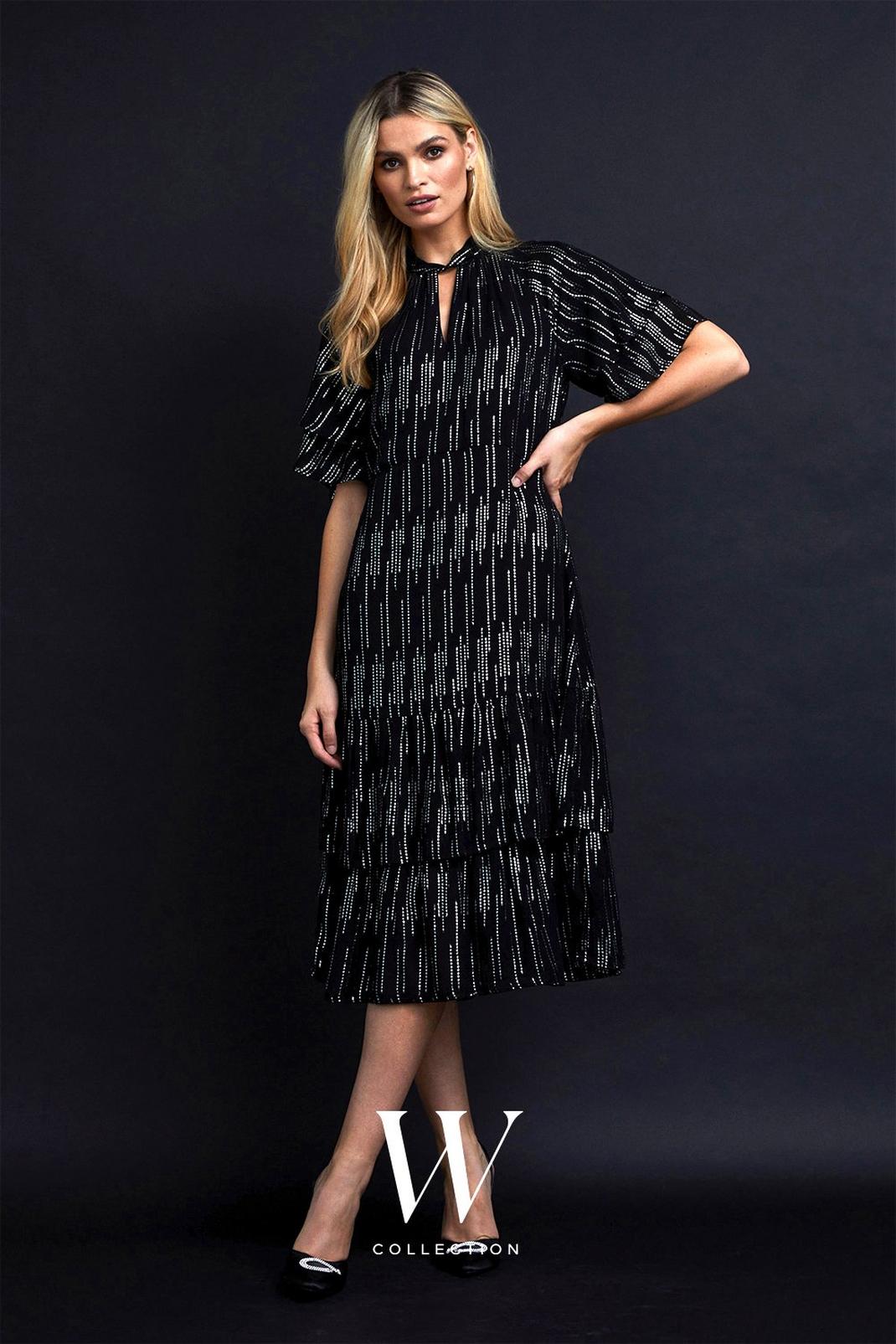 Black Metallic Stripe Ruffle Hem Midi Dress image number 1