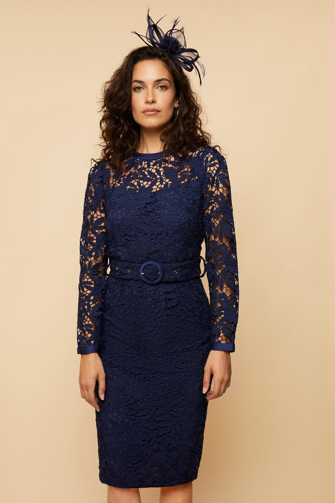 Navy Buttoned Lace Belted Dress image number 1