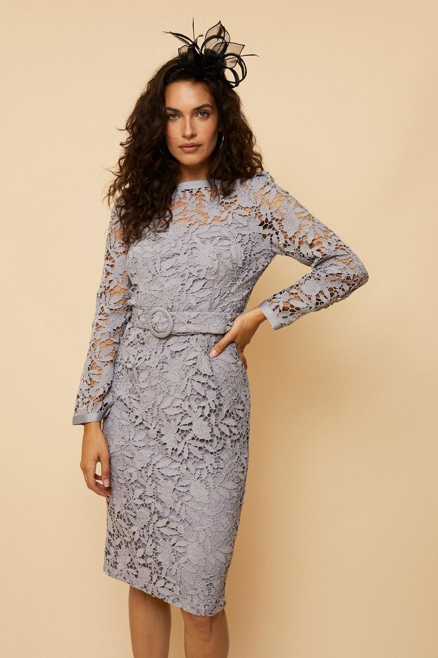 Buttoned Lace Belted Dress