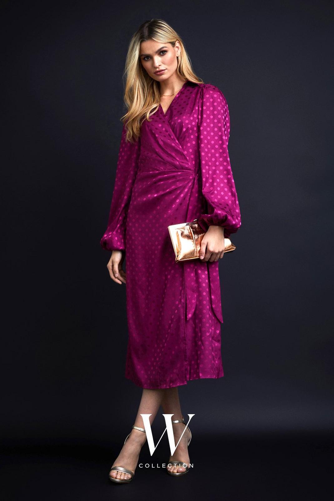 Raspberry Jacquard Spot Wrap Midi Dress image number 1
